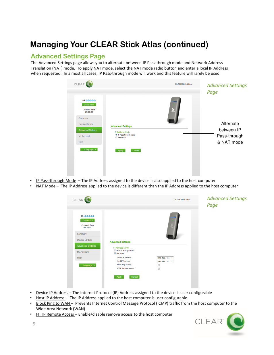 Managing your clear stick atlas (continued), Advanced settings page | CLEAR Stick Atlas User Manual | Page 9 / 19