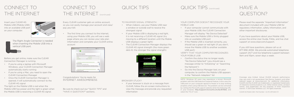 Connect to the internet, Have a question, Quick tips | CLEAR 4G Mobile USB Quick Start User Manual | Page 2 / 2