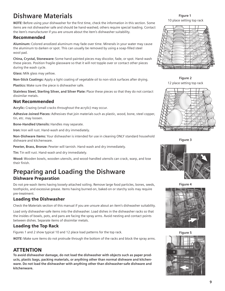 Dishware materials, Preparing and loading the dishware, Attention | Bosch sHe42l User Manual | Page 6 / 20