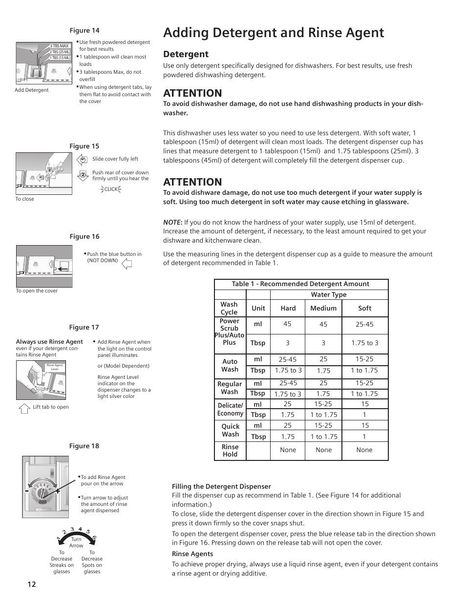 Adding detergent and rinse agent, Attention, Detergent | Bosch sHe42l User Manual | Page 9 / 20