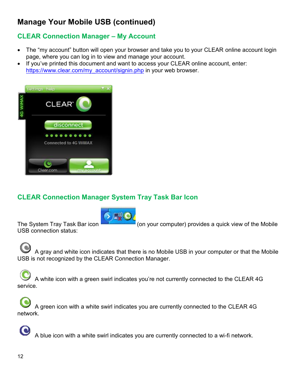 Clear, Onnection, Anager | Ccount, Ystem, Manage your mobile usb (continued) | CLEAR 4G Mobile USB Users Guide User Manual | Page 13 / 15