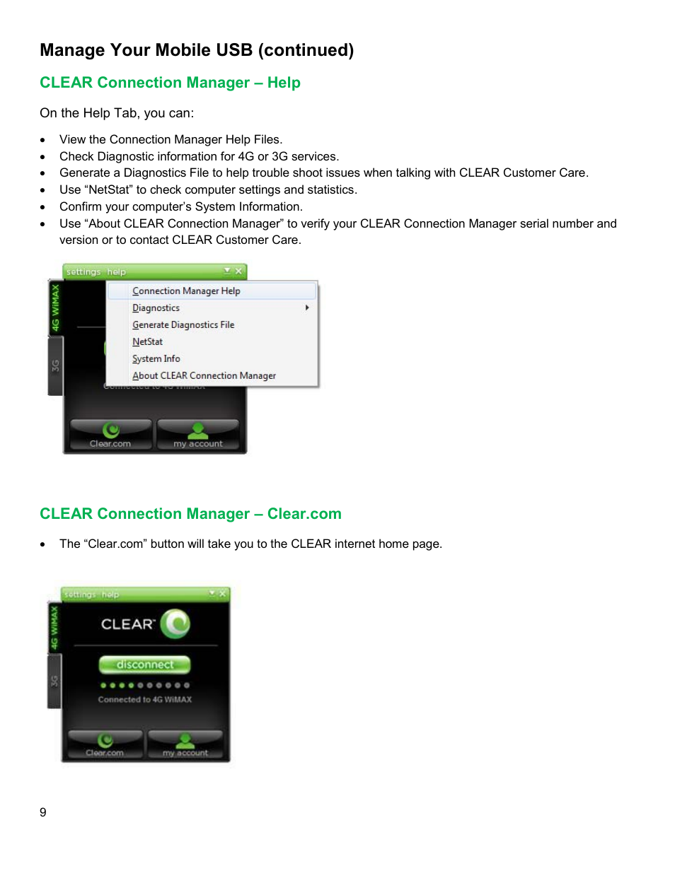 Clear, Onnection, Anager | Lear, Manage your mobile usb (continued) | CLEAR 4G+ USB S Series Users Guide User Manual | Page 10 / 13