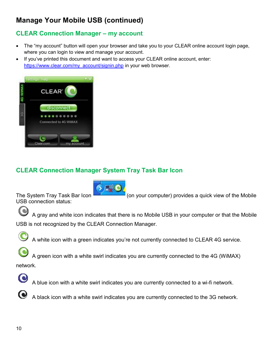 Clear, Onnection, Anager | My account, Ystem, Manage your mobile usb (continued) | CLEAR 4G+ USB S Series Users Guide User Manual | Page 11 / 13