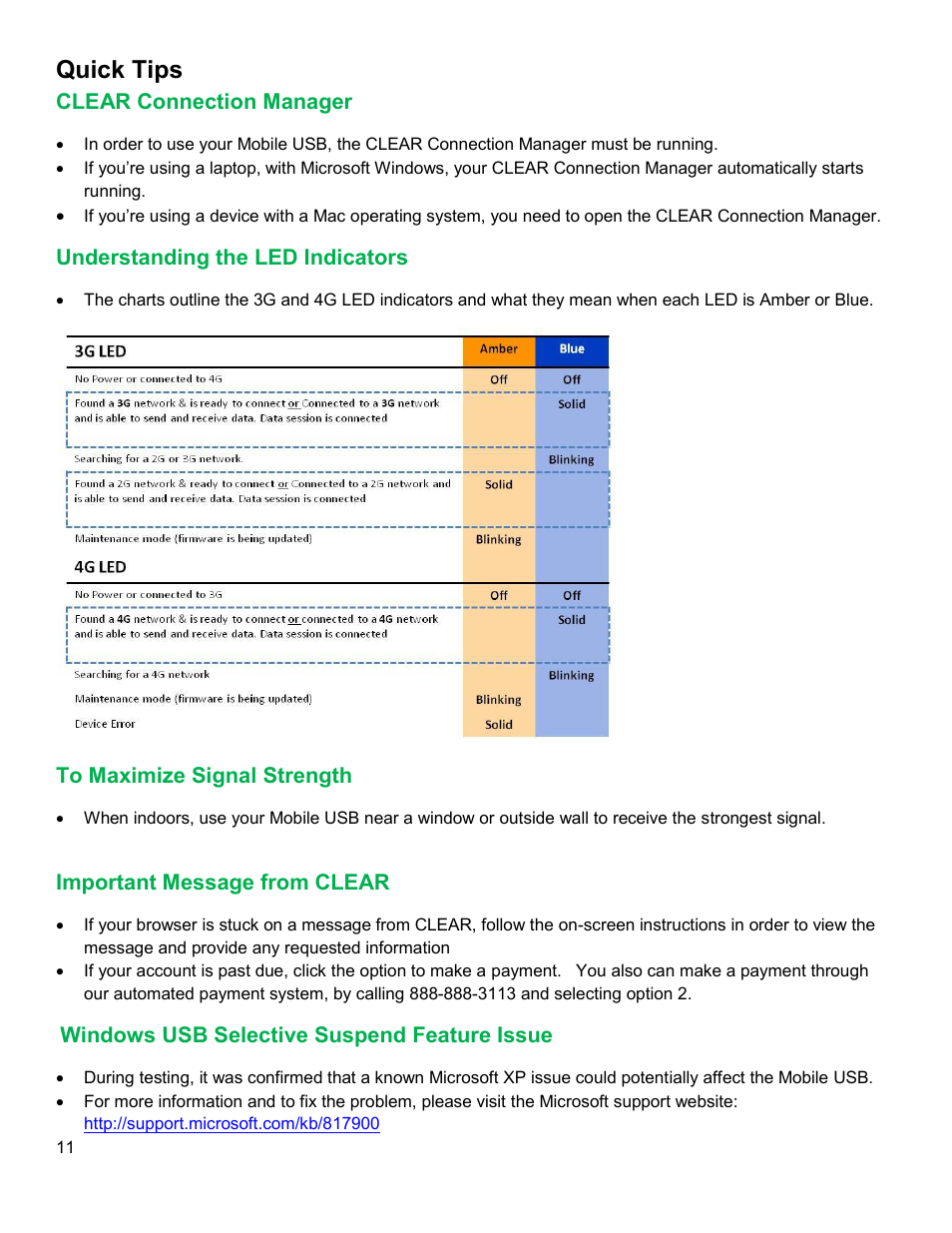 Quick tips, Clear, Onnection | Anager, Nderstanding the, Ndicators, Aximize, Ignal, Trength, Mportant | CLEAR 4G+ USB S Series Users Guide User Manual | Page 12 / 13