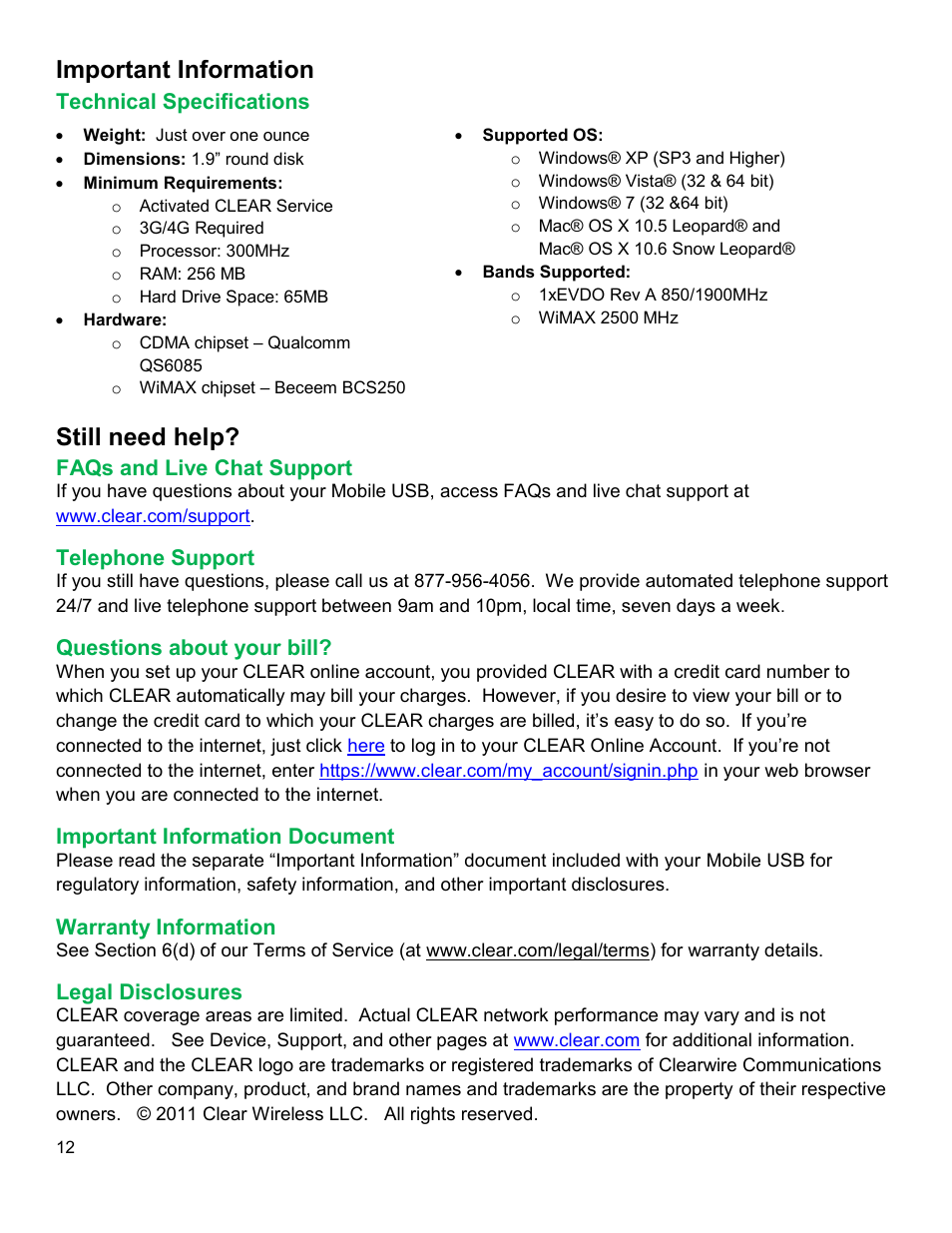 Important information, Echnical, Pecifications | Still need help, S and, Upport, Elephone, Uestions about your bill, Mportant, Nformation | CLEAR 4G+ USB S Series Users Guide User Manual | Page 13 / 13