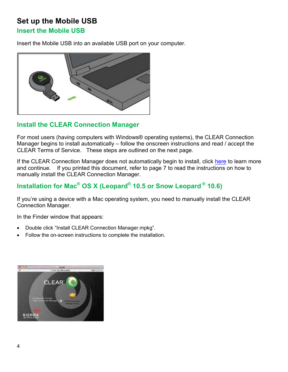 Set up the mobile usb, Nsert the, Obile | Nstall the, Clear, Onnection, Anager, Nstallation for, Eopard | CLEAR 4G+ USB S Series Users Guide User Manual | Page 5 / 13