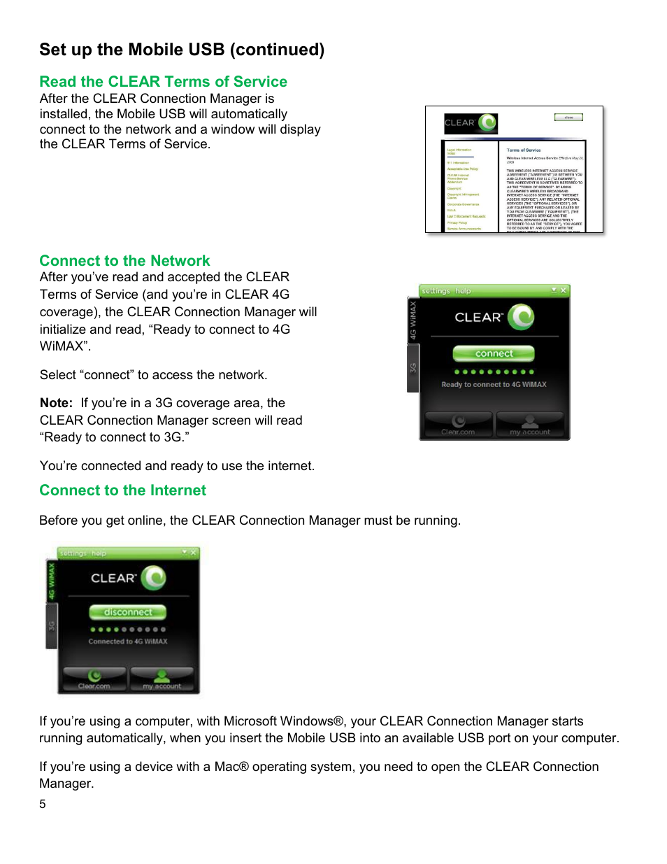 Ead the, Clear, Erms of | Ervice, Onnect to the, Etwork, Nternet, Set up the mobile usb (continued) | CLEAR 4G+ USB S Series Users Guide User Manual | Page 6 / 13