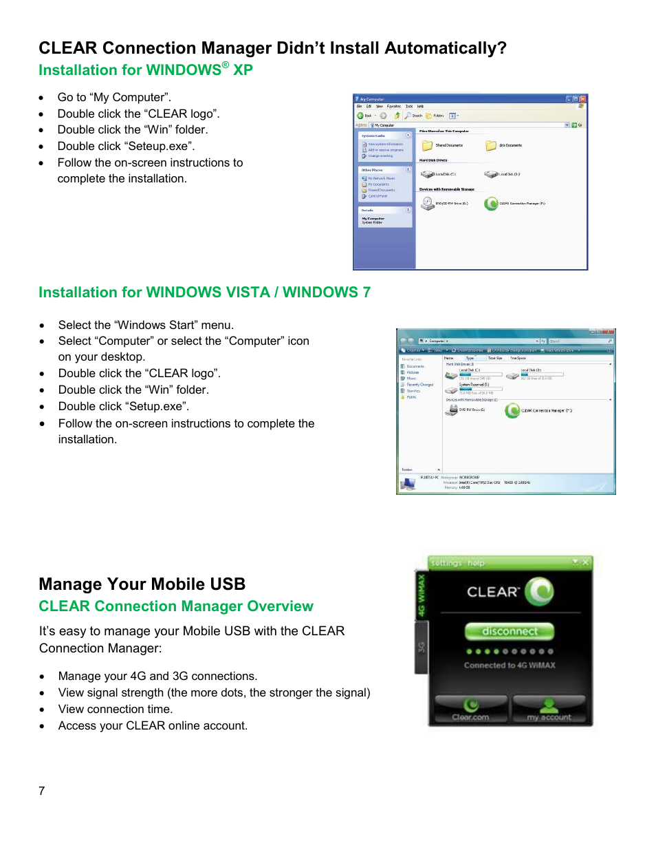 Nstallation for, Windows, Vista | Manage your mobile usb, Clear, Onnection, Anager, Verview | CLEAR 4G+ USB S Series Users Guide User Manual | Page 8 / 13