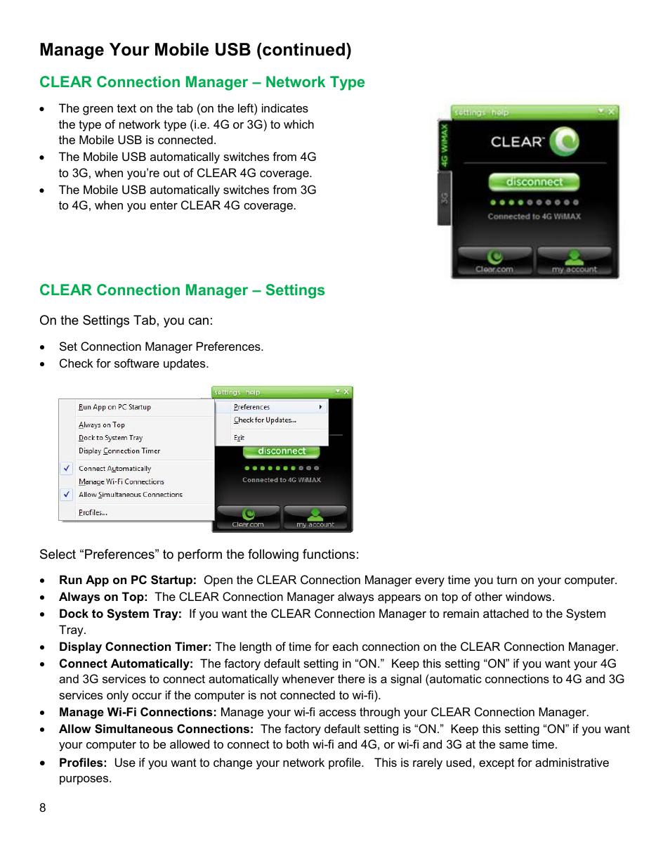 Clear, Onnection, Anager | Etwork, Ettings, Manage your mobile usb (continued) | CLEAR 4G+ USB S Series Users Guide User Manual | Page 9 / 13