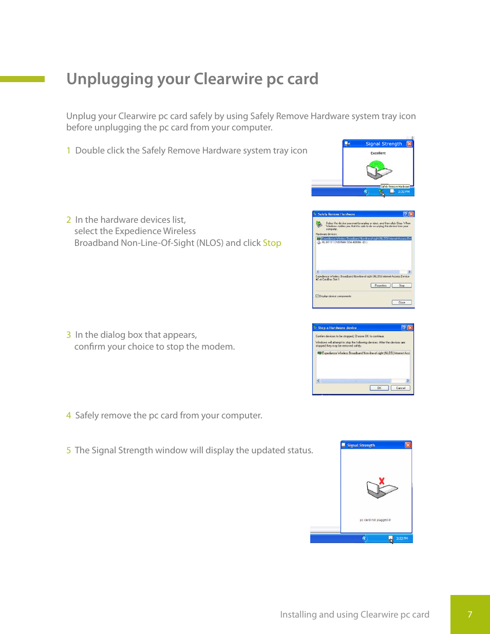 Unplugging your clearwire pc card | CLEAR PC Card User Manual | Page 10 / 20