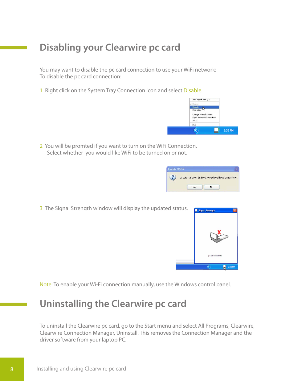 Disabling your clearwire pc card, Uninstalling the clearwire pc card | CLEAR PC Card User Manual | Page 11 / 20
