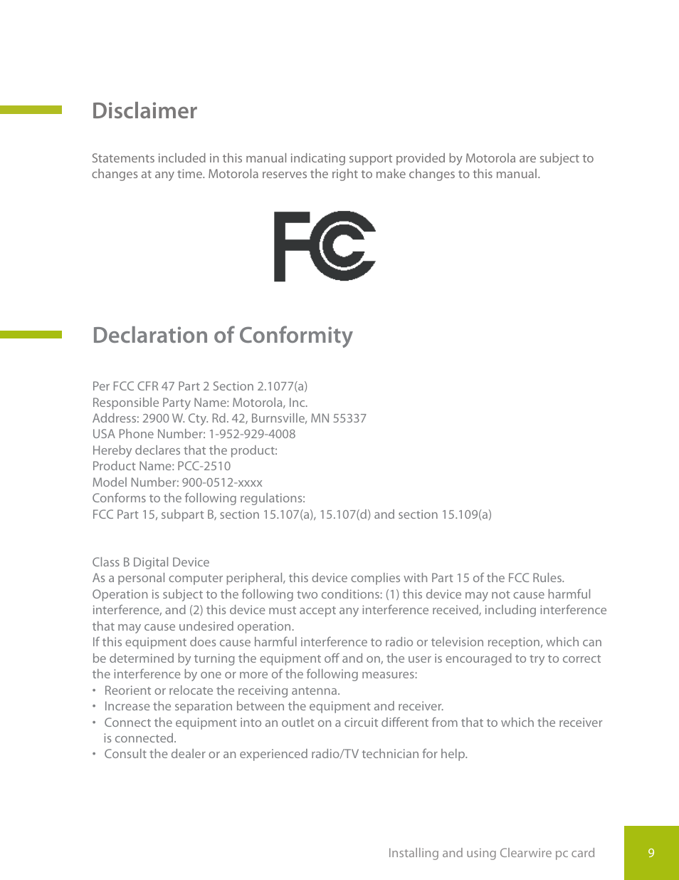 Disclaimer, Declaration of conformity | CLEAR PC Card User Manual | Page 12 / 20
