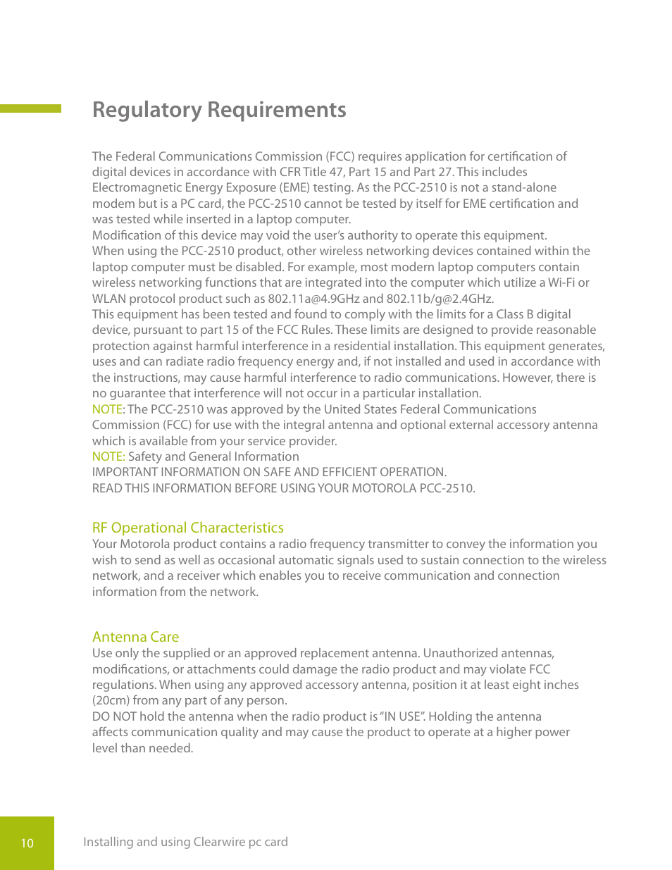Regulatory requirements | CLEAR PC Card User Manual | Page 13 / 20