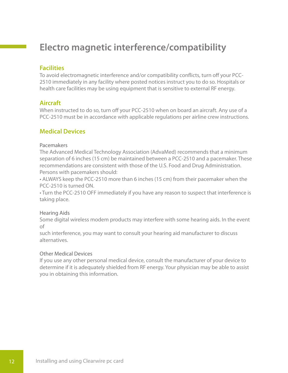 Electro magnetic interference/compatibility | CLEAR PC Card User Manual | Page 15 / 20