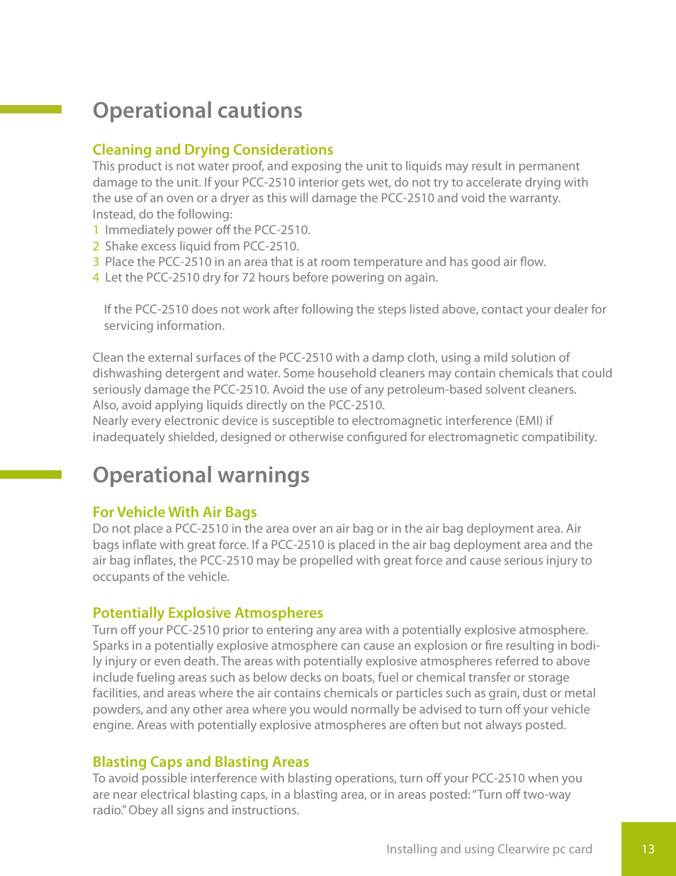 Operational cautions, Operational warnings | CLEAR PC Card User Manual | Page 16 / 20