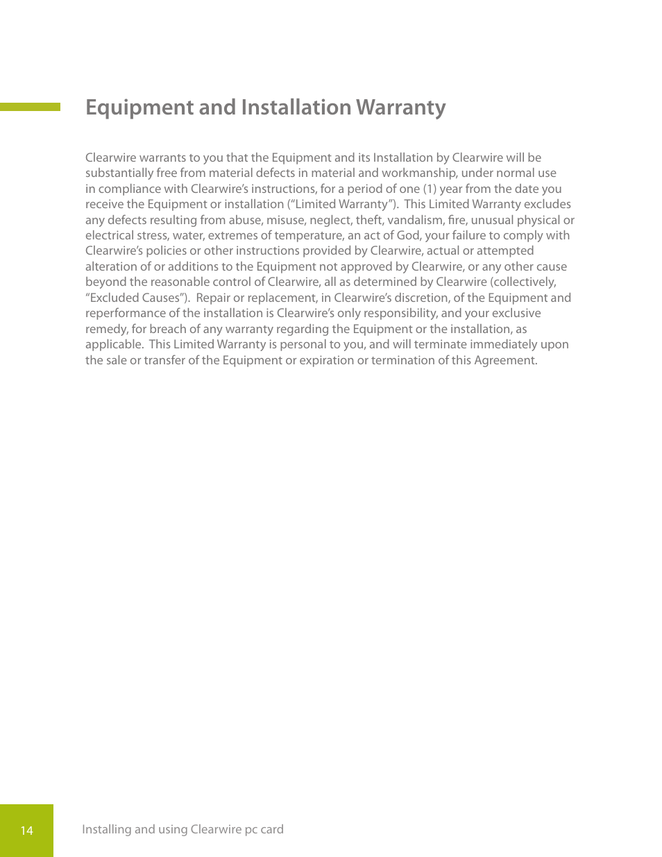 Equipment and installation warranty | CLEAR PC Card User Manual | Page 17 / 20
