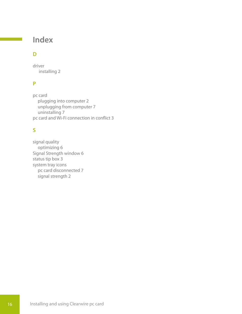 Index | CLEAR PC Card User Manual | Page 19 / 20