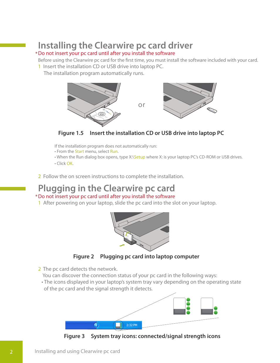 Installing the clearwire pc card driver, Plugging in the clearwire pc card | CLEAR PC Card User Manual | Page 5 / 20