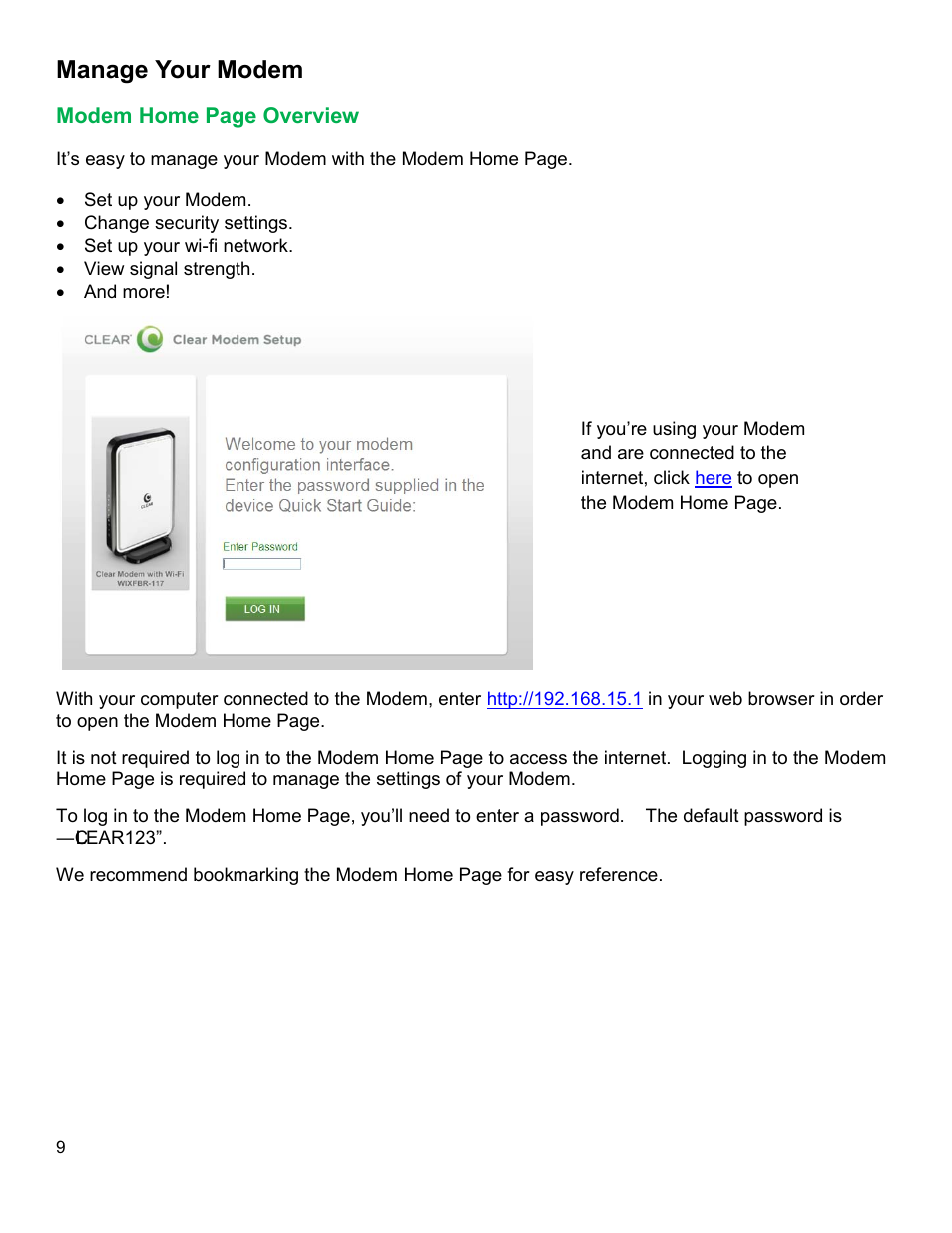 Manage your modem, Odem, Verview | CLEAR Modem with Wi-Fi User Guide User Manual | Page 10 / 32