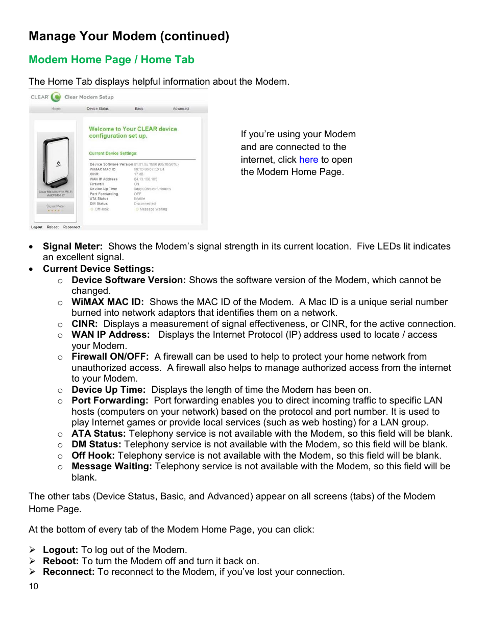 Odem, Manage your modem (continued) | CLEAR Modem with Wi-Fi User Guide User Manual | Page 11 / 32