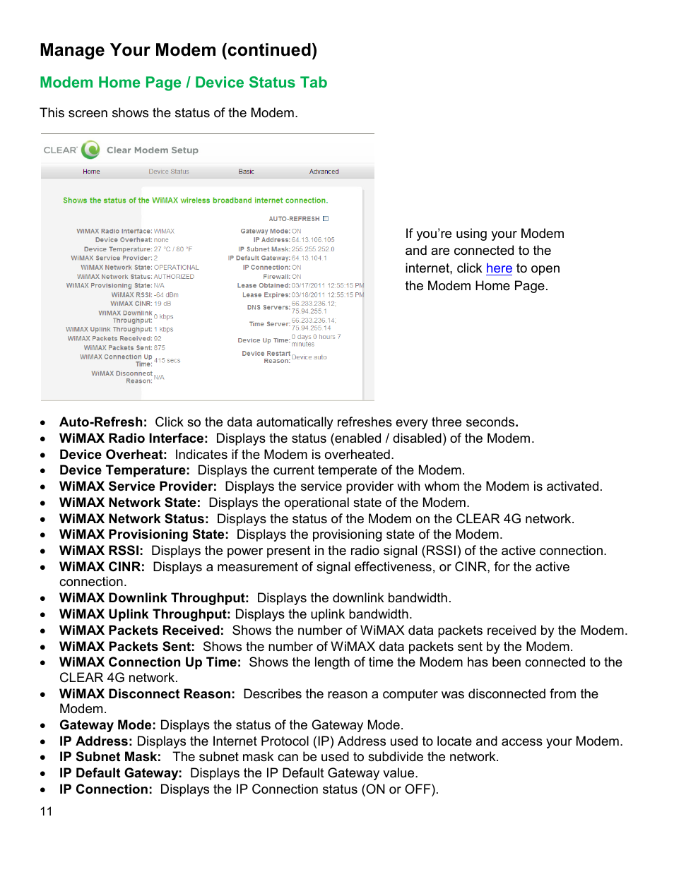 Odem, Evice, Tatus | Manage your modem (continued) | CLEAR Modem with Wi-Fi User Guide User Manual | Page 12 / 32