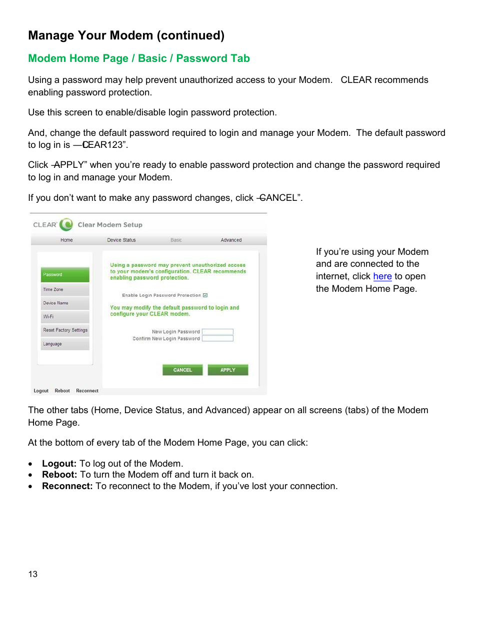 Odem, Asic, Assword | Manage your modem (continued) | CLEAR Modem with Wi-Fi User Guide User Manual | Page 14 / 32