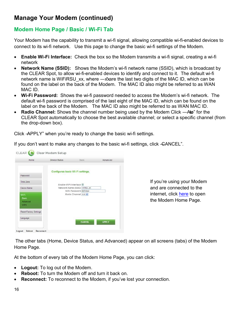 Odem, Asic, Manage your modem (continued) | CLEAR Modem with Wi-Fi User Guide User Manual | Page 17 / 32