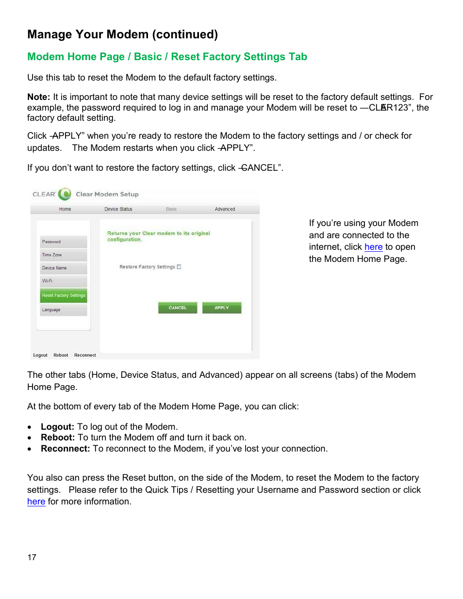 Odem, Asic, Eset | Actory, Ettings, Manage your modem (continued) | CLEAR Modem with Wi-Fi User Guide User Manual | Page 18 / 32