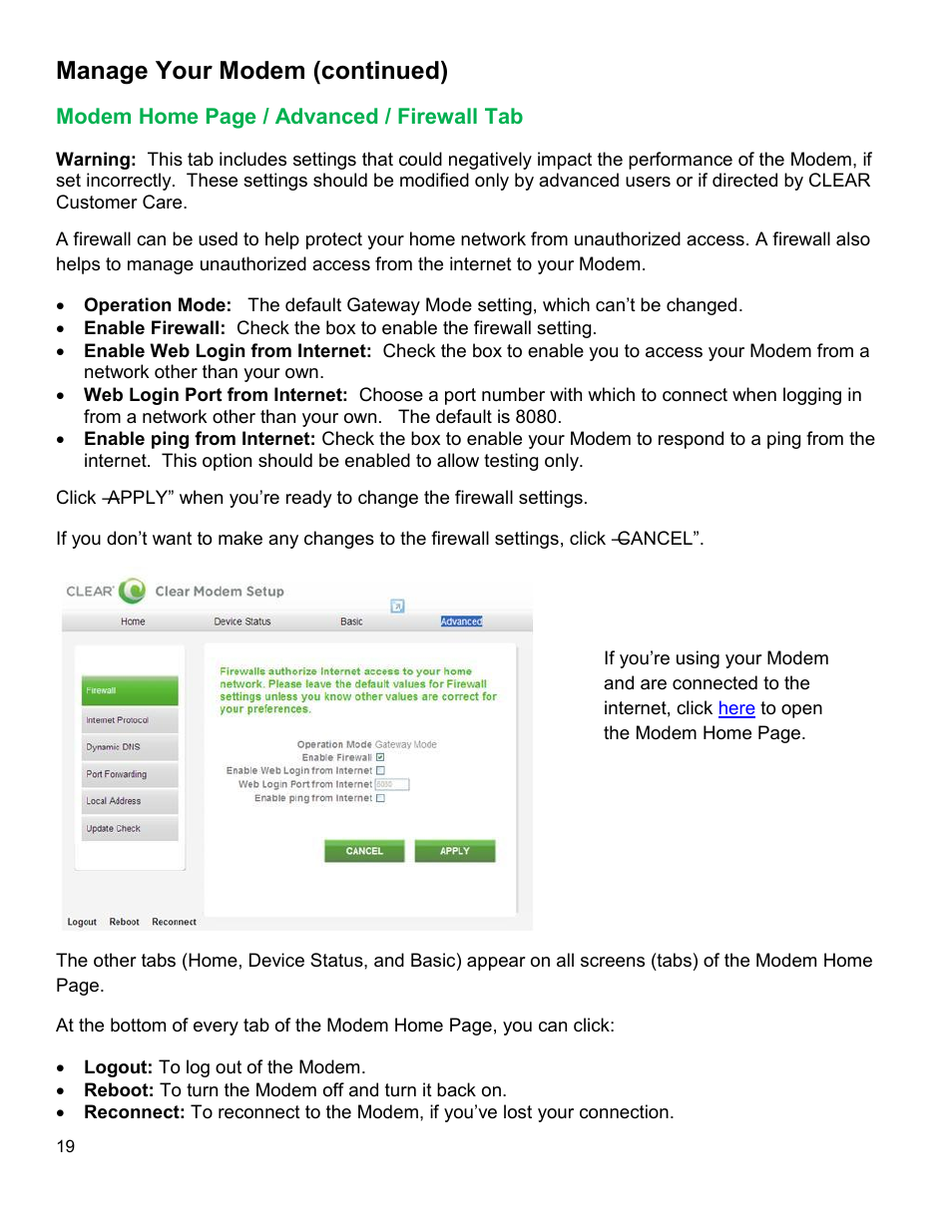 Odem, Dvanced, Irewall | Manage your modem (continued) | CLEAR Modem with Wi-Fi User Guide User Manual | Page 20 / 32