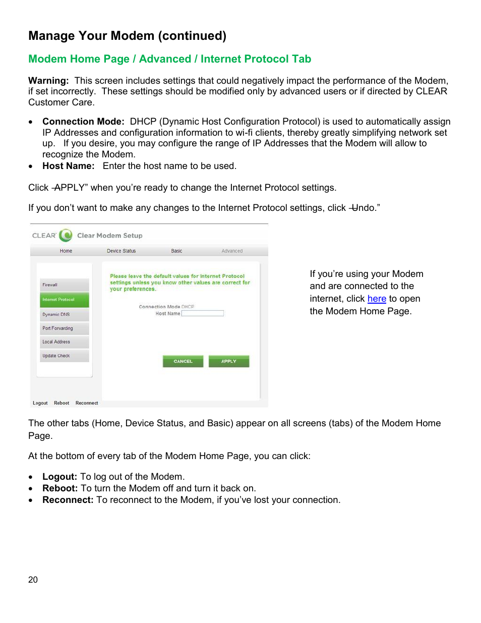 Odem, Dvanced, Nternet | Rotocol, Manage your modem (continued) | CLEAR Modem with Wi-Fi User Guide User Manual | Page 21 / 32
