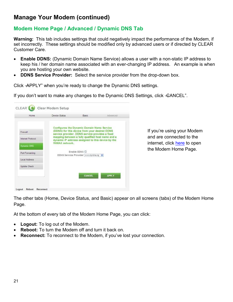 Odem, Dvanced, Ynamic | Manage your modem (continued) | CLEAR Modem with Wi-Fi User Guide User Manual | Page 22 / 32