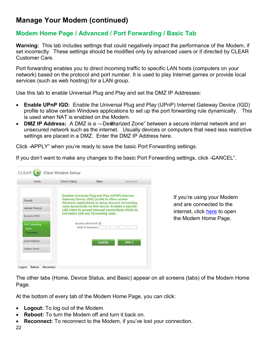 Odem, Dvanced, Orwarding | Asic, Manage your modem (continued) | CLEAR Modem with Wi-Fi User Guide User Manual | Page 23 / 32