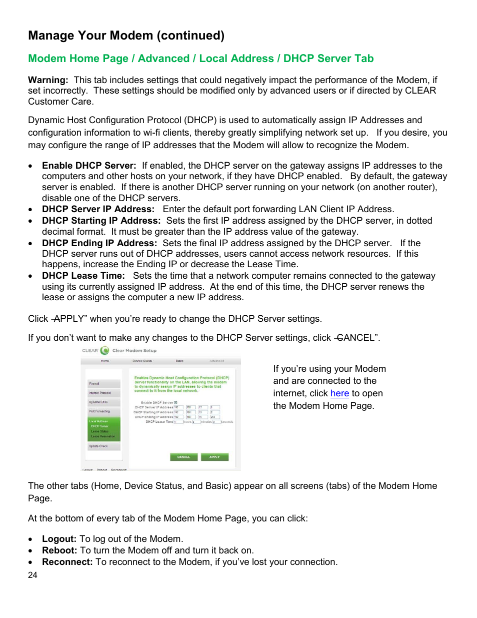 Odem, Dvanced, Ocal | Ddress, Dhcp, Erver, Manage your modem (continued) | CLEAR Modem with Wi-Fi User Guide User Manual | Page 25 / 32