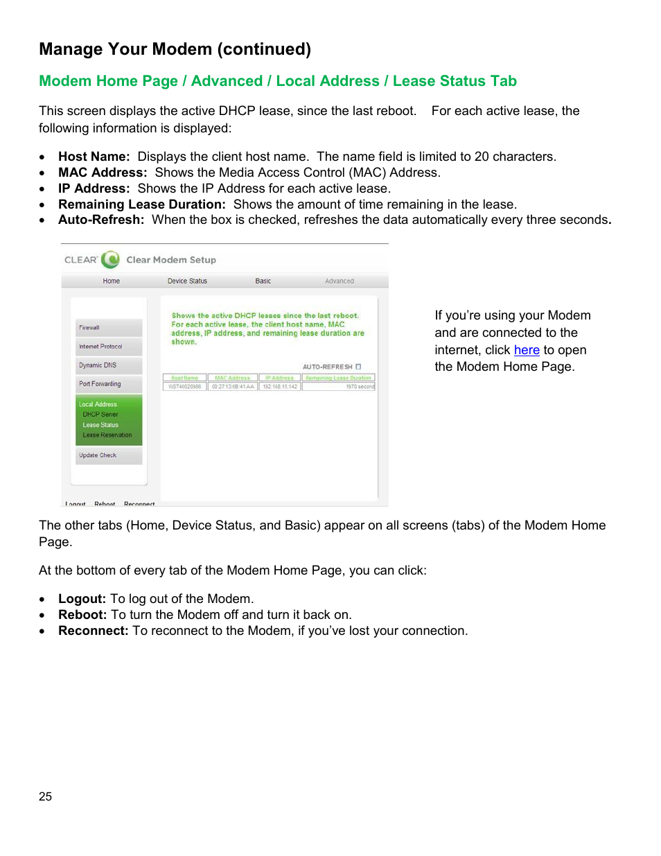 Odem, Dvanced, Ocal | Ddress, Ease, Tatus, Manage your modem (continued) | CLEAR Modem with Wi-Fi User Guide User Manual | Page 26 / 32