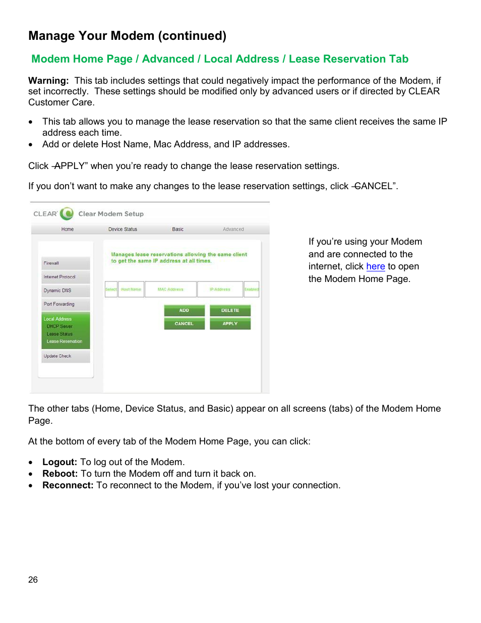 Odem, Dvanced, Ocal | Ddress, Ease, Eservation, Manage your modem (continued) | CLEAR Modem with Wi-Fi User Guide User Manual | Page 27 / 32