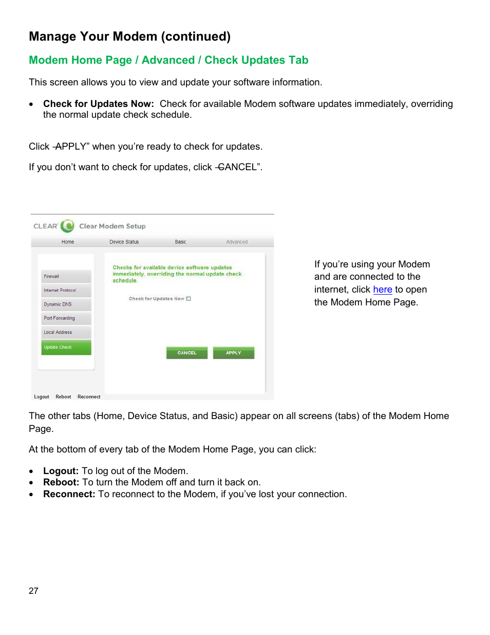 Odem, Dvanced, Heck | Pdates, Manage your modem (continued) | CLEAR Modem with Wi-Fi User Guide User Manual | Page 28 / 32
