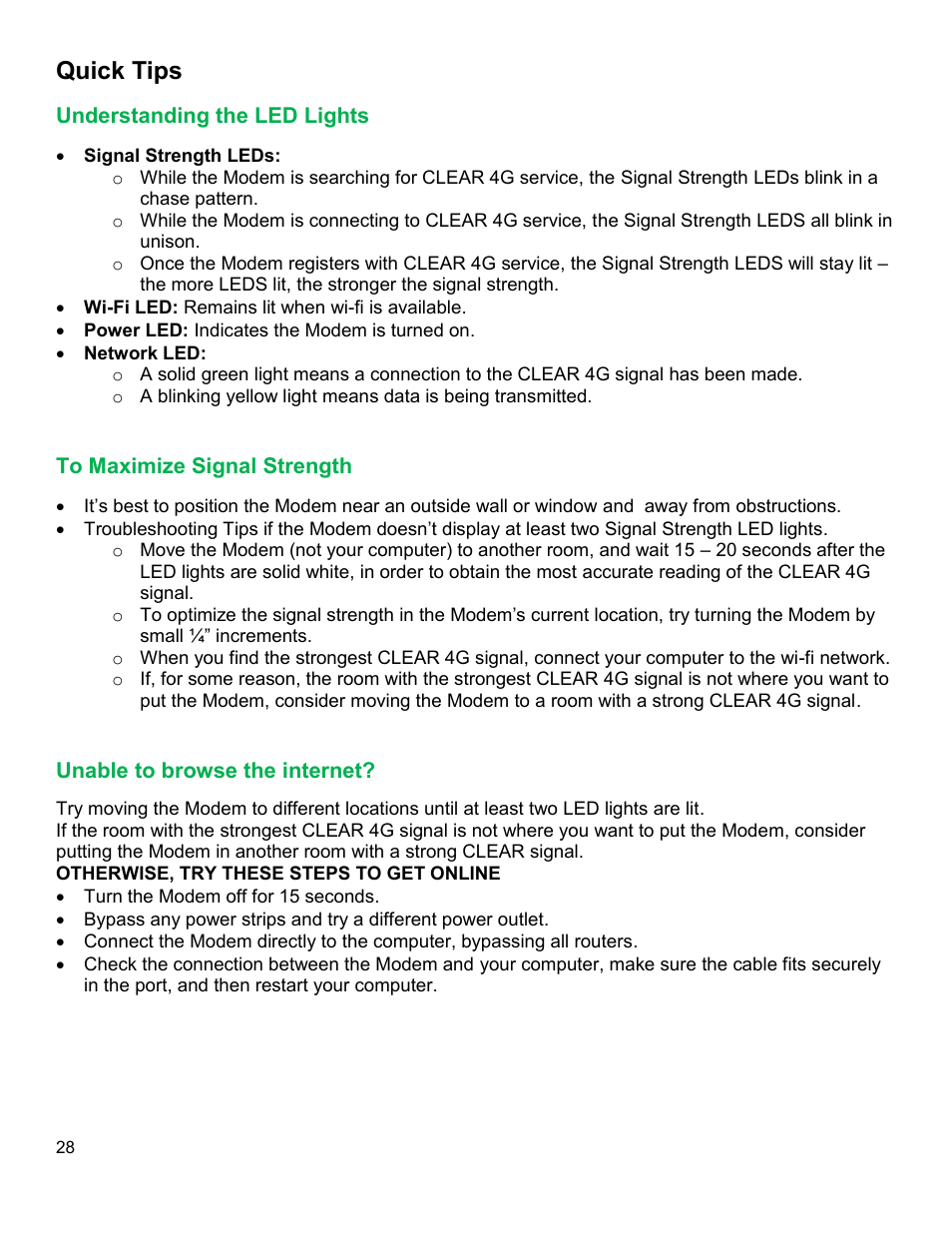 Quick tips, Nderstanding the, Ights | Aximize, Ignal, Trength, Nable to browse the internet | CLEAR Modem with Wi-Fi User Guide User Manual | Page 29 / 32