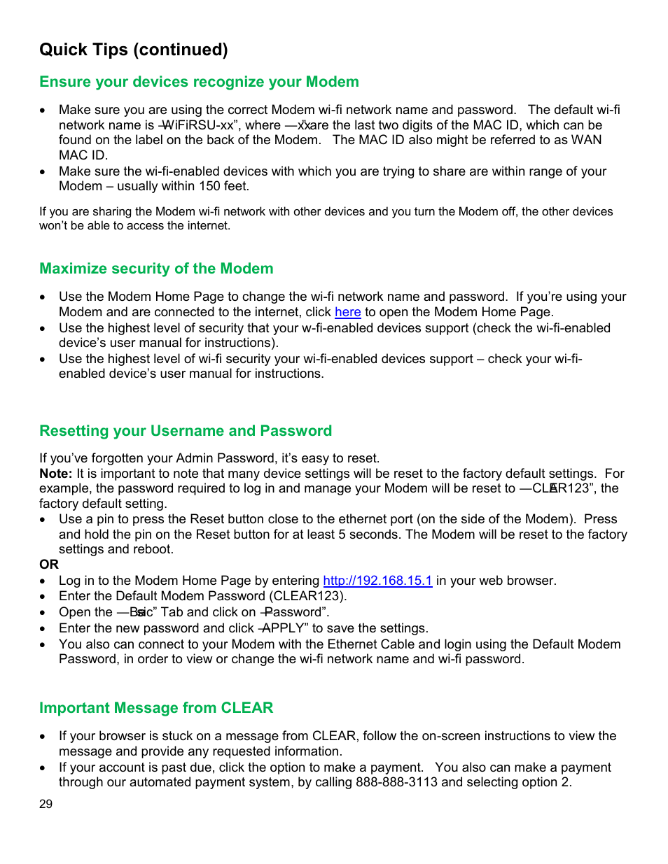 Nsure your devices recognize your, Odem, Aximize security of the | Esetting your, Sername and, Assword, Mportant, Essage from, Clear, Quick tips (continued) | CLEAR Modem with Wi-Fi User Guide User Manual | Page 30 / 32