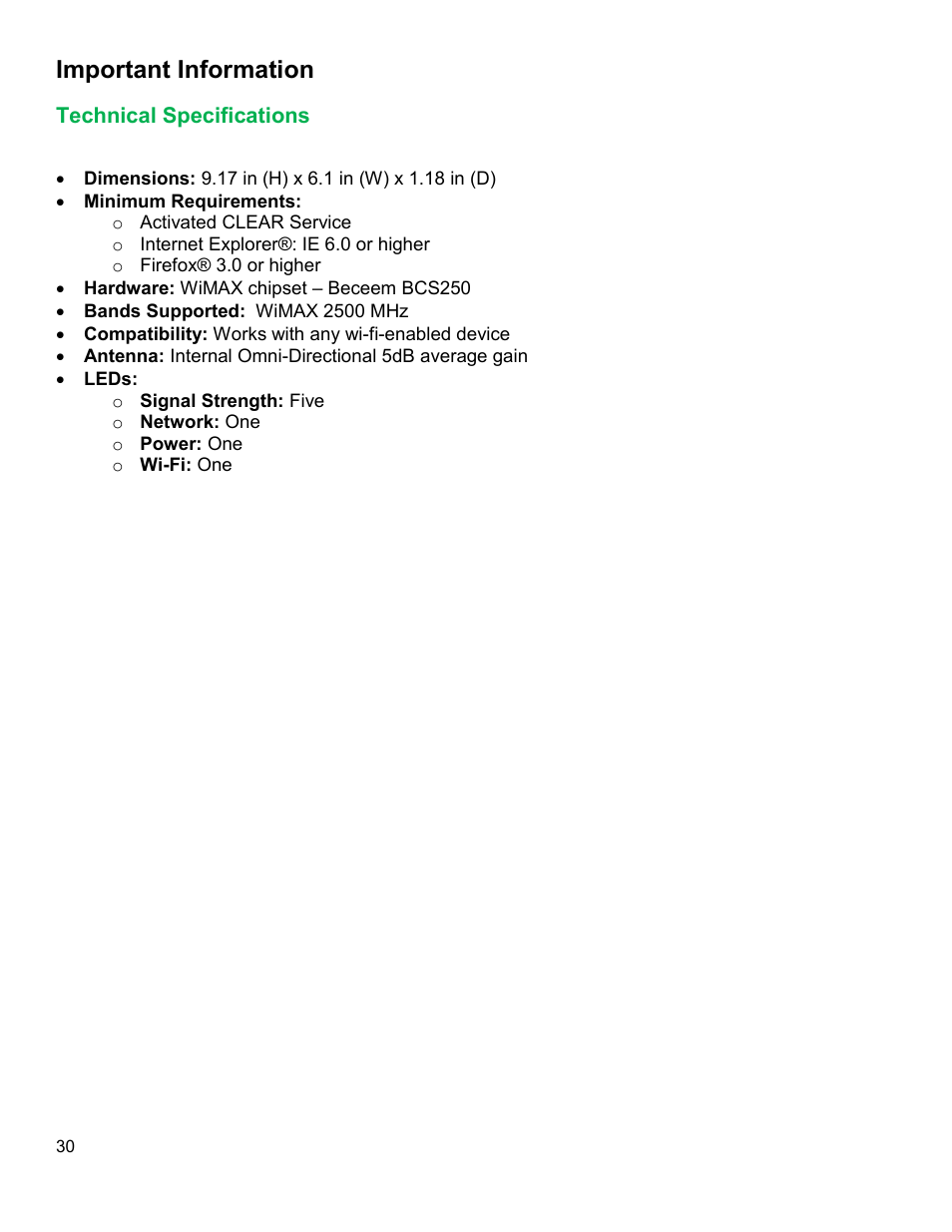 Important information, Echnical, Pecifications | CLEAR Modem with Wi-Fi User Guide User Manual | Page 31 / 32