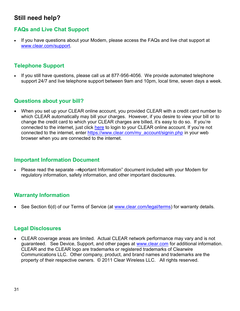 S and, Upport, Elephone | Uestions about your bill, Mportant, Nformation, Ocument, Arranty, Egal, Isclosures | CLEAR Modem with Wi-Fi User Guide User Manual | Page 32 / 32