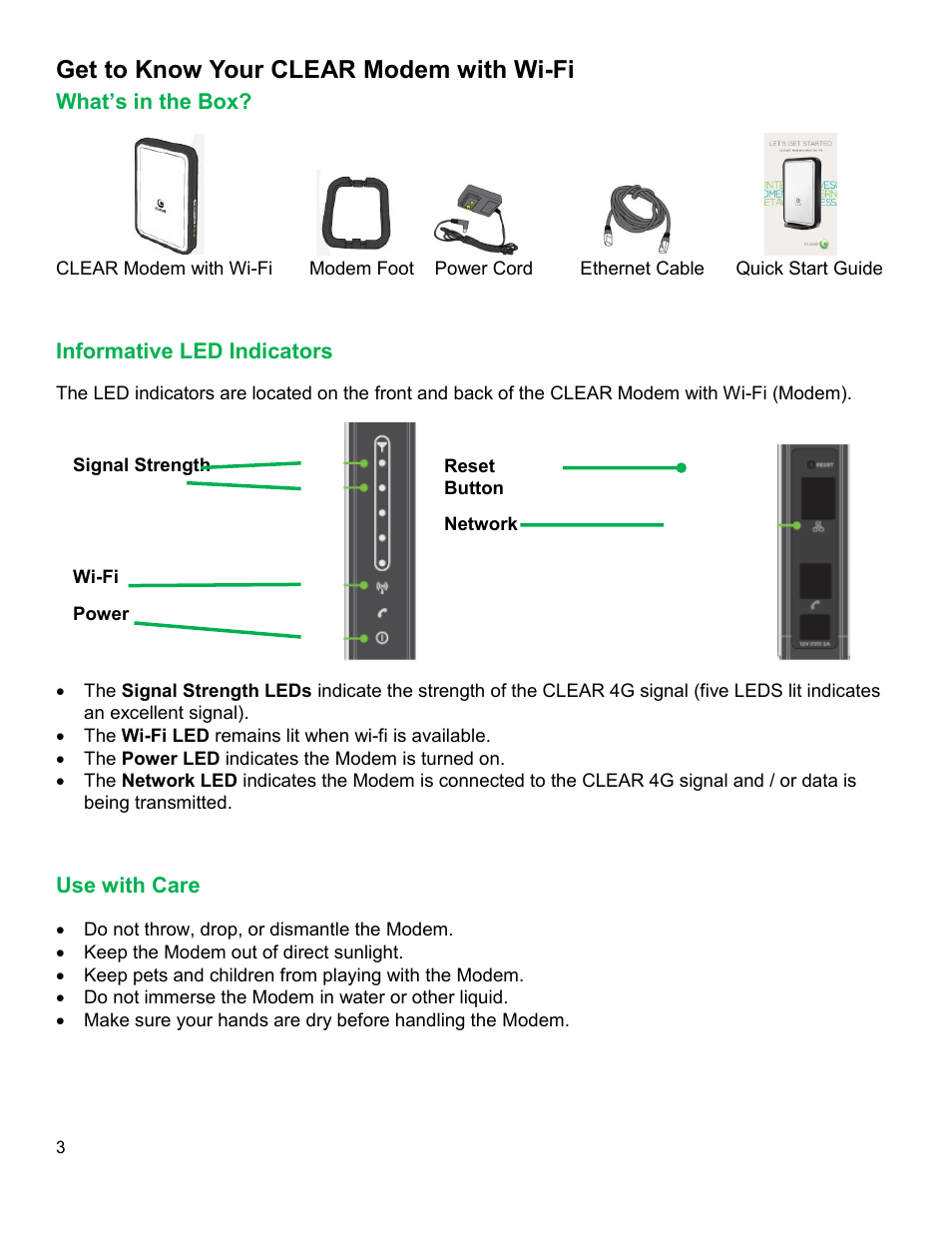 Get to know your clear modem with wi-fi, S in the, Nformative | Ndicators, Se with | CLEAR Modem with Wi-Fi User Guide User Manual | Page 4 / 32