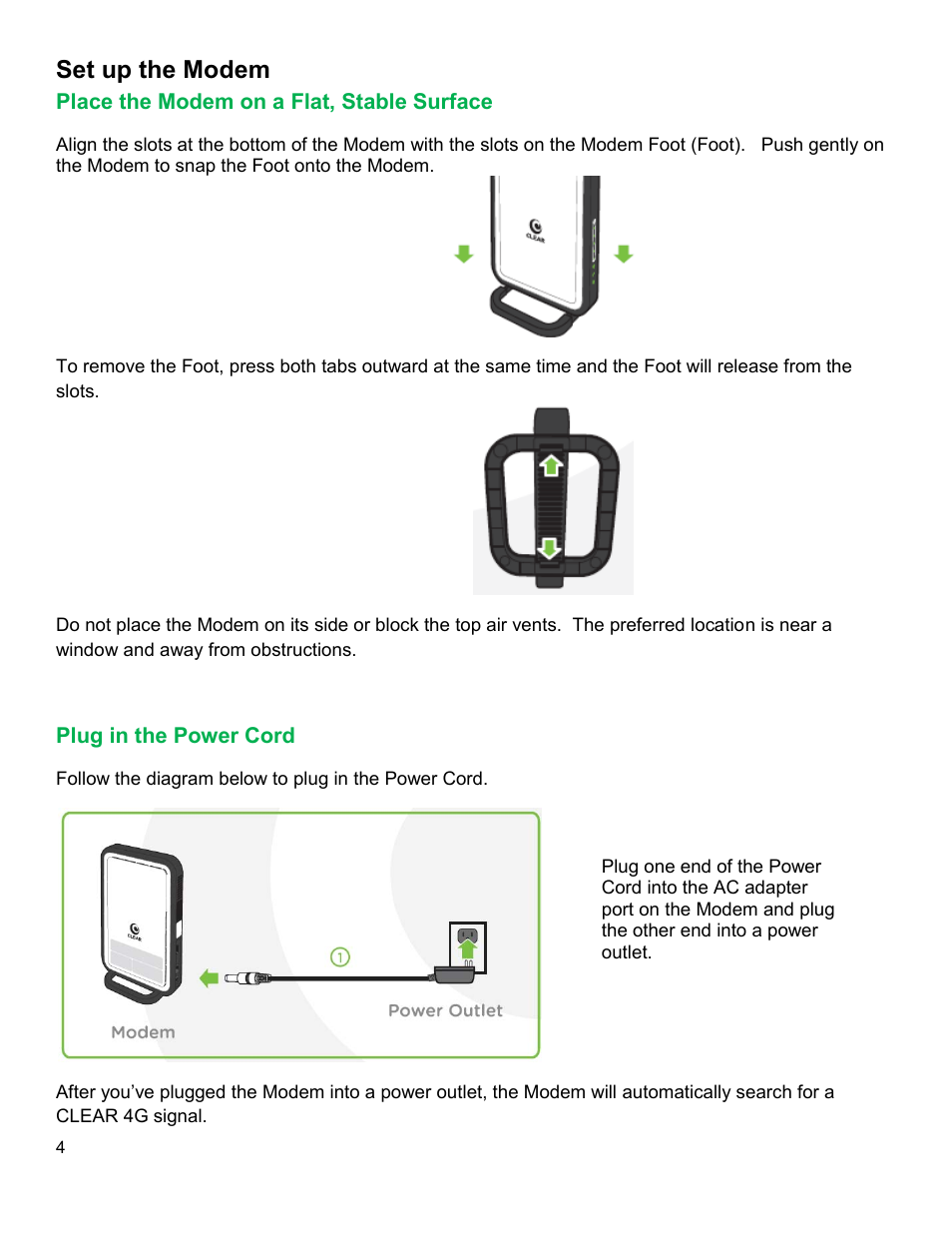 Set up the modem, Lace the, Odem on a | Table, Urface, Lug in the, Ower | CLEAR Modem with Wi-Fi User Guide User Manual | Page 5 / 32