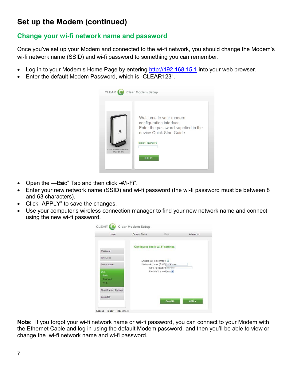 Hange your wi, Fi network name and password, Set up the modem (continued) | CLEAR Modem with Wi-Fi User Guide User Manual | Page 8 / 32