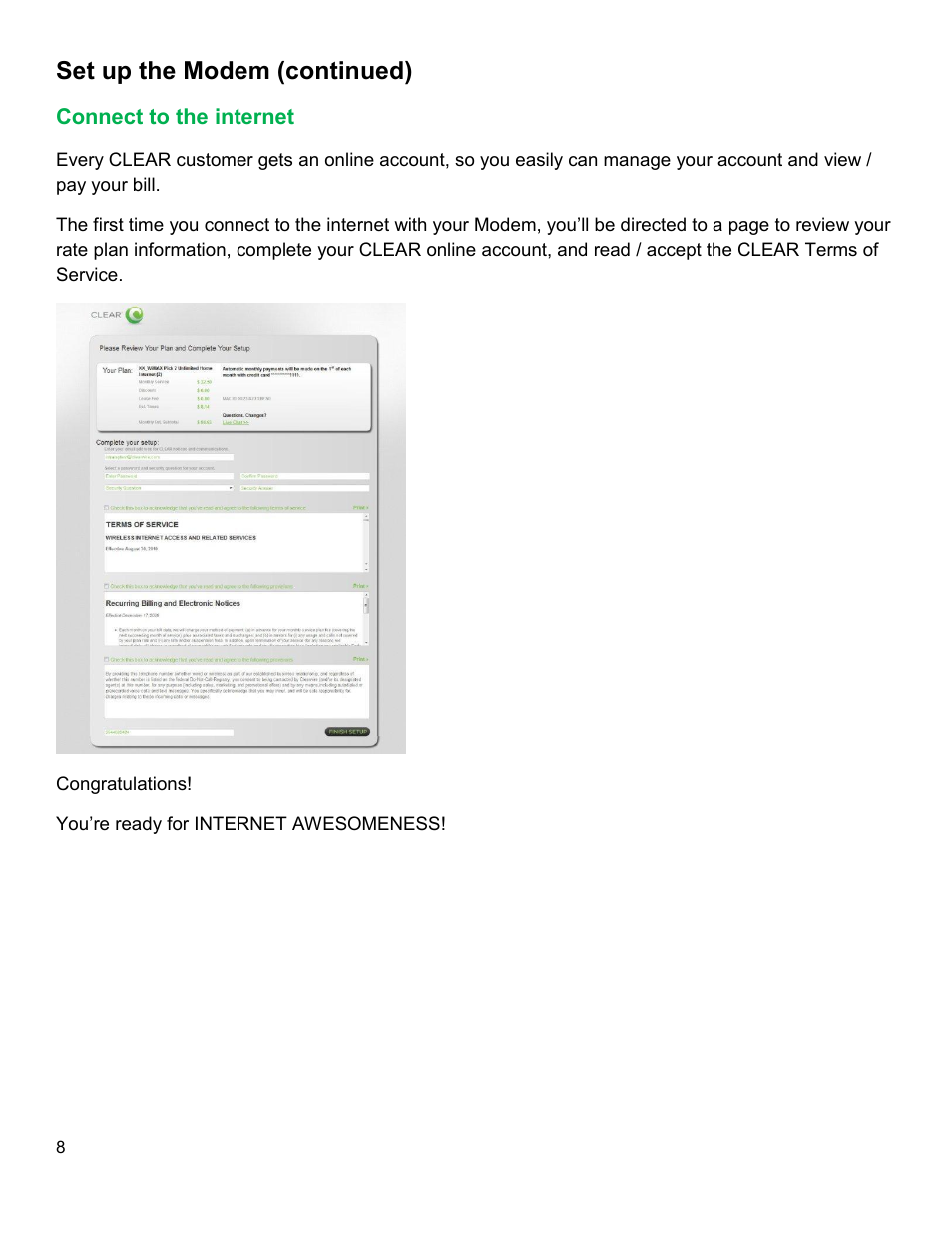 Onnect to the internet, Set up the modem (continued) | CLEAR Modem with Wi-Fi User Guide User Manual | Page 9 / 32