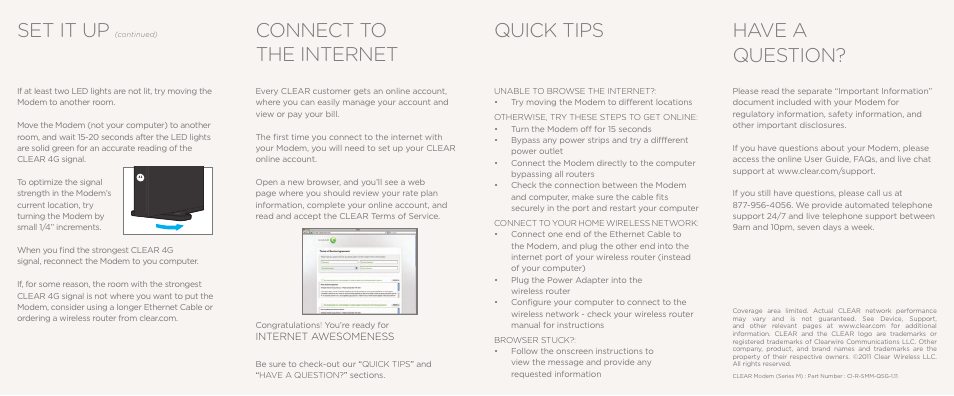 Set it up, Connect to the internet, Have a question | Quick tips | CLEAR Modem M Series Quick Start User Manual | Page 2 / 2
