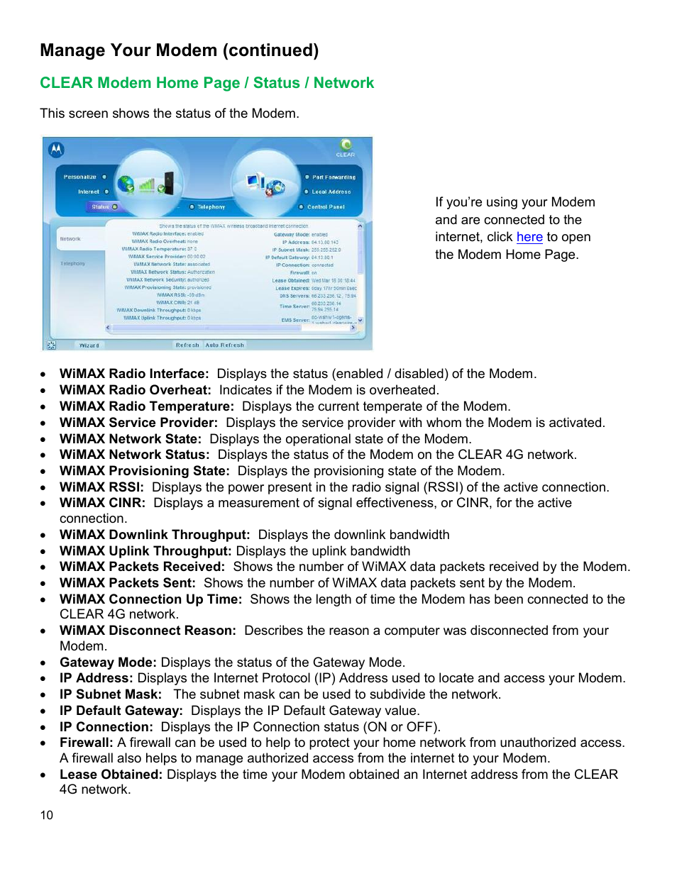 Clear, Odem, Tatus | Etwork, Manage your modem (continued) | CLEAR Modem M Series User Guide User Manual | Page 11 / 34