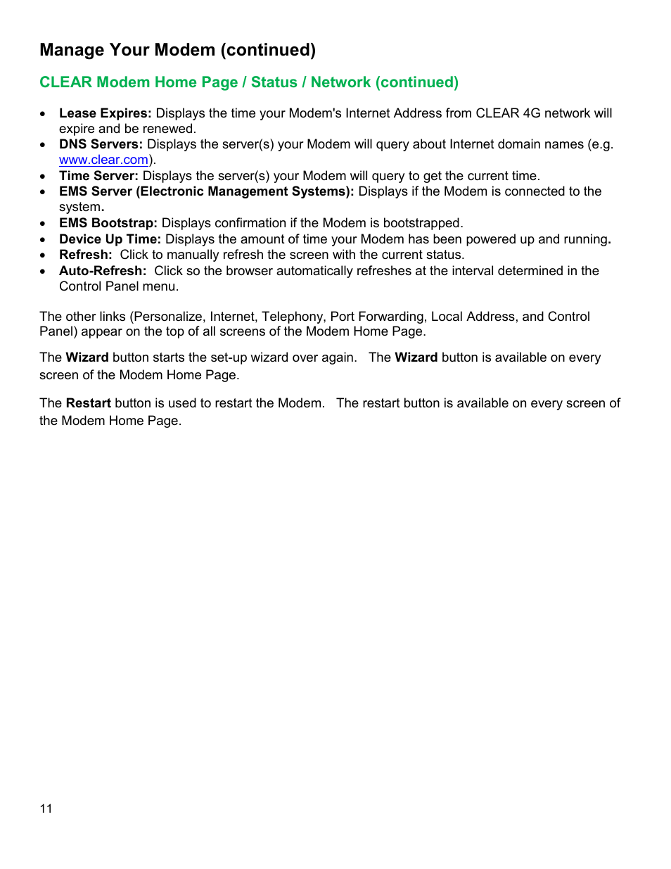 Clear, Odem, Tatus | Etwork, Continued, Manage your modem (continued) | CLEAR Modem M Series User Guide User Manual | Page 12 / 34