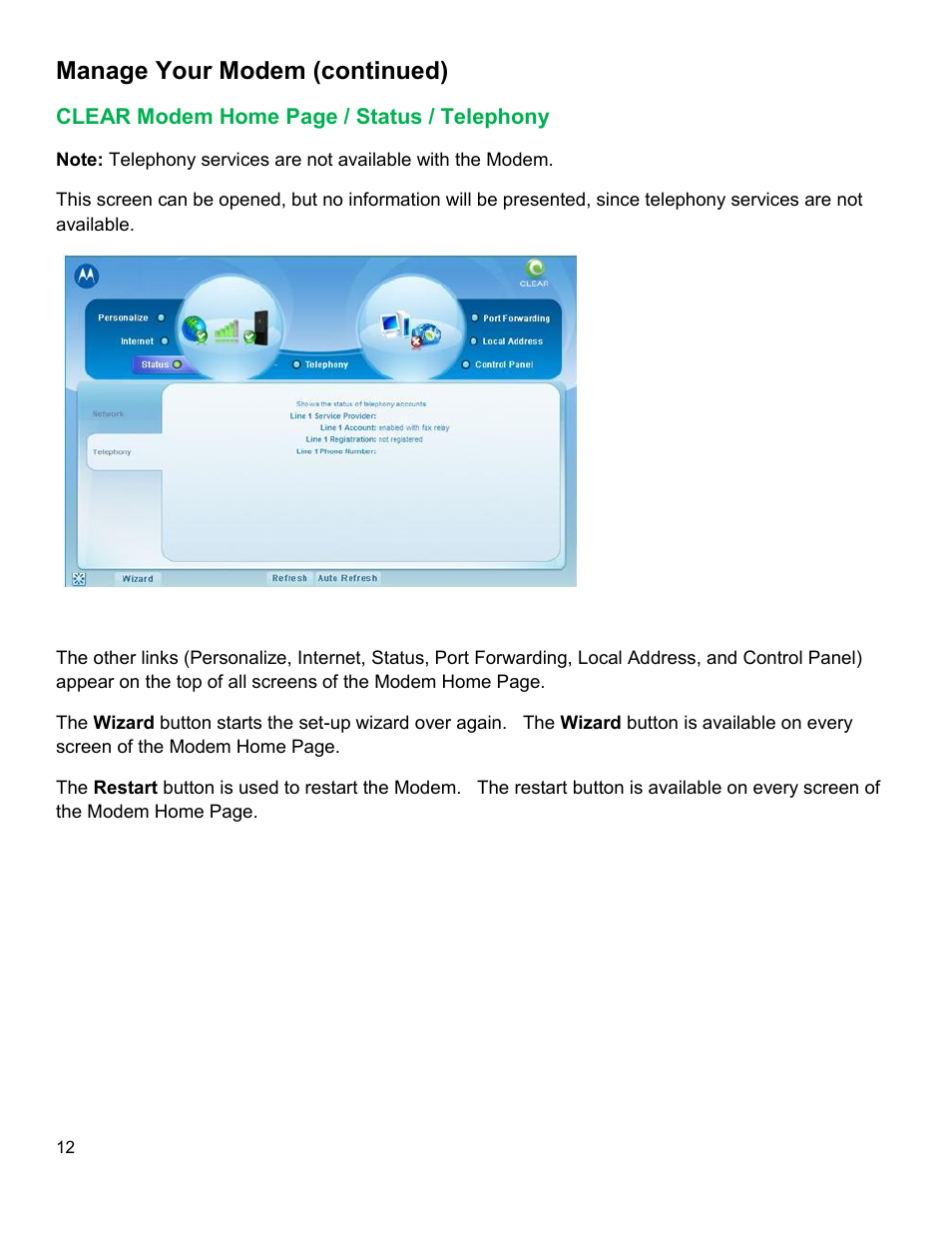 Clear, Odem, Tatus | Elephony, Manage your modem (continued) | CLEAR Modem M Series User Guide User Manual | Page 13 / 34