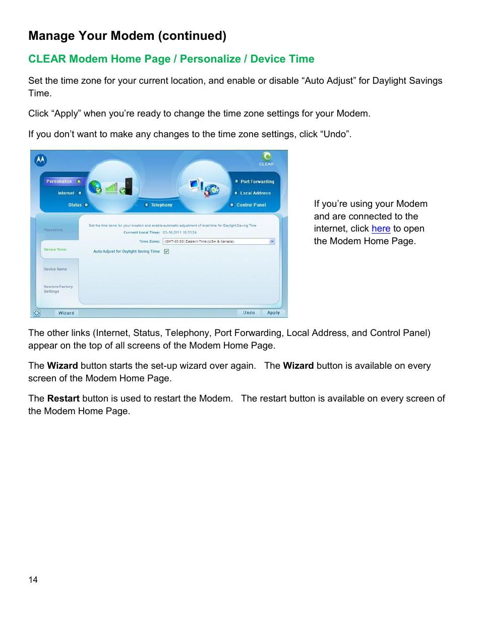 Clear, Odem, Ersonalize | Evice, Manage your modem (continued) | CLEAR Modem M Series User Guide User Manual | Page 15 / 34