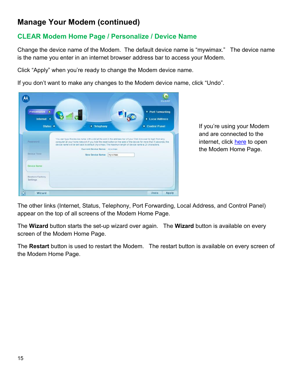 Clear, Odem, Ersonalize | Evice, Manage your modem (continued) | CLEAR Modem M Series User Guide User Manual | Page 16 / 34